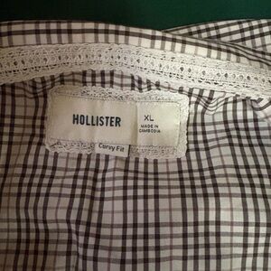 Hollister Plaid Button-Up Shirt in Brown and White with Lace Trim